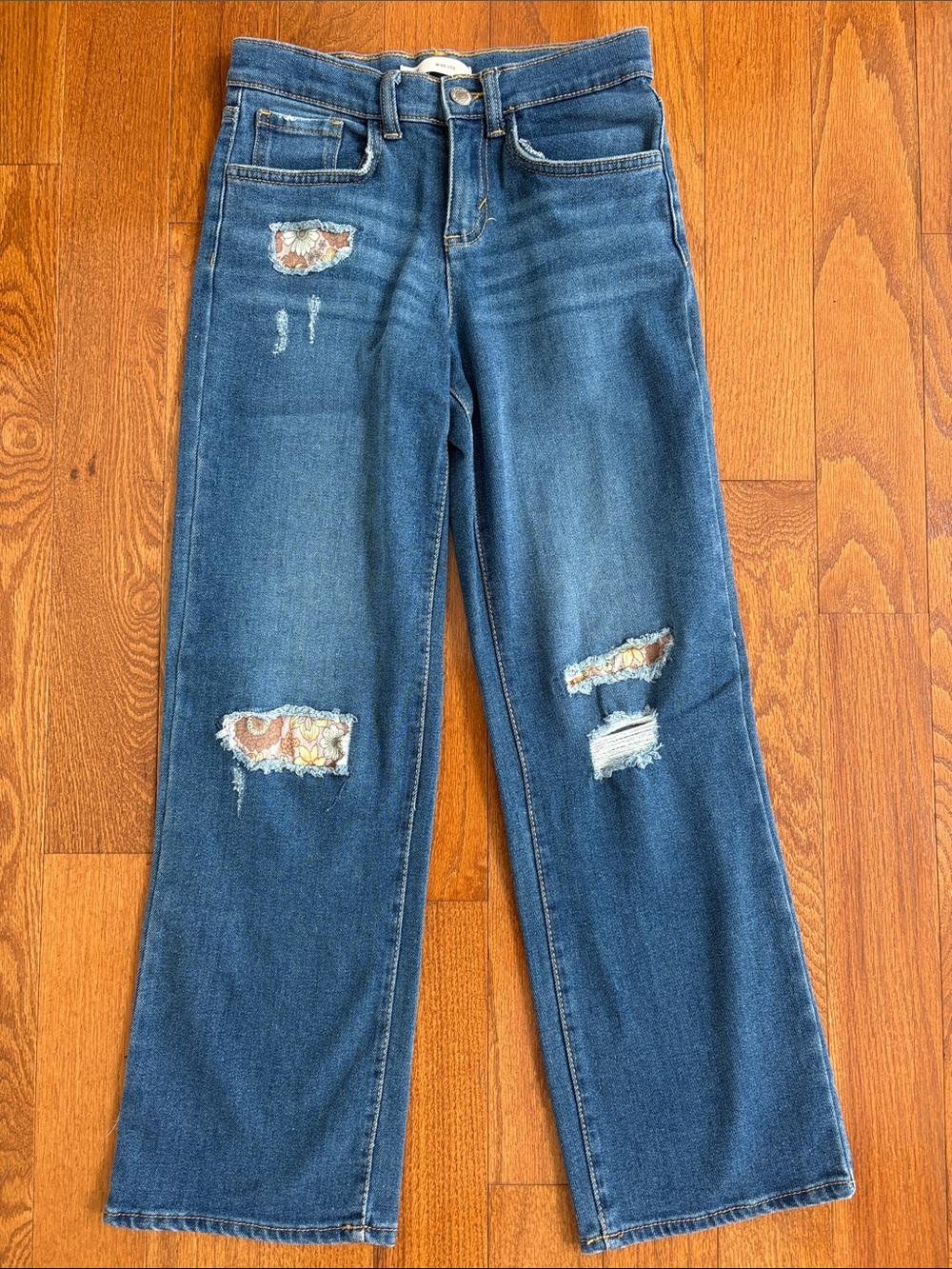 Levi's Dark Blue Straight-Leg Jeans with Floral Patch Distressing